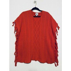 Haley and the Hound Poncho Womens One Size Red Fringed Cable Knit Topper Boho